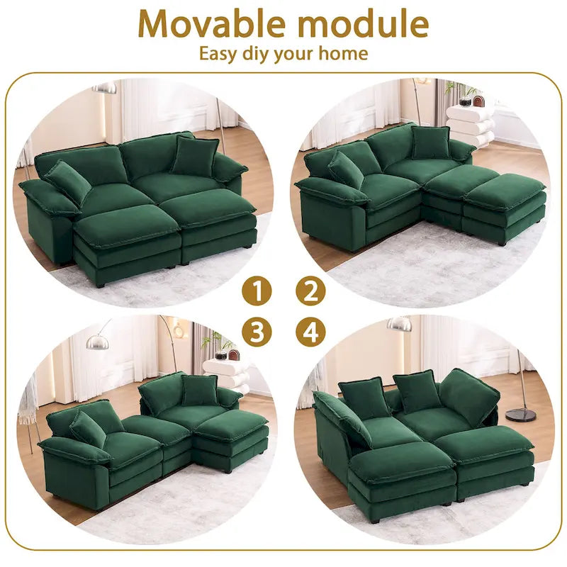 Canapé 2 places avec 2 coussins, 2 oreillers et 2 poufs, canapé confortable - Canapé profond pour salon, canapé modulable
