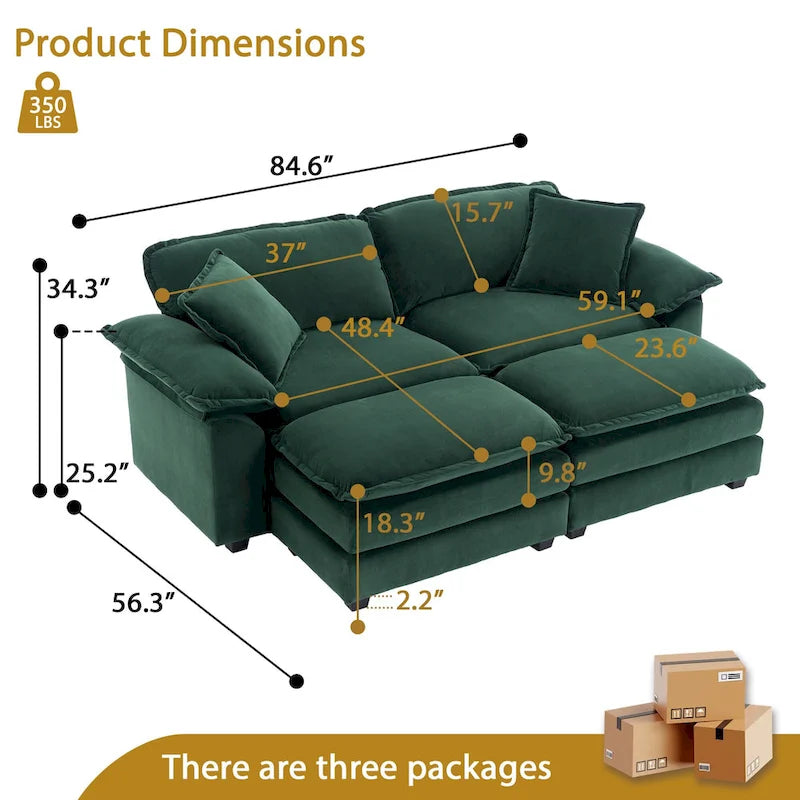Canapé 2 places avec 2 coussins, 2 oreillers et 2 poufs, canapé confortable - Canapé profond pour salon, canapé modulable