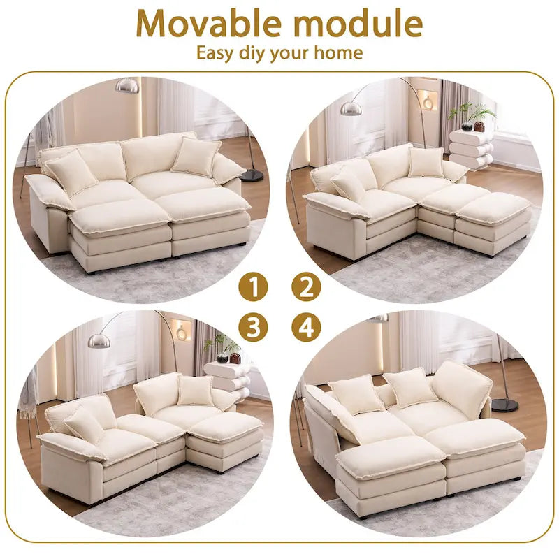 Canapé 2 places avec 2 coussins, 2 oreillers et 2 poufs, canapé confortable - Canapé profond pour salon, canapé modulable