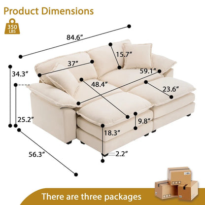 Canapé 2 places avec 2 coussins, 2 oreillers et 2 poufs, canapé confortable - Canapé profond pour salon, canapé modulable