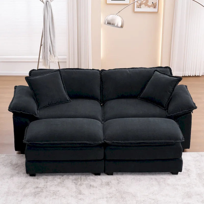 Canapé 2 places avec 2 coussins, 2 oreillers et 2 poufs, canapé confortable - Canapé profond pour salon, canapé modulable