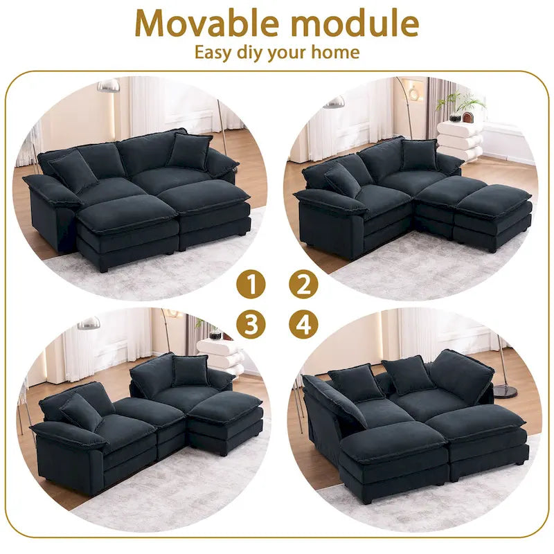 Canapé 2 places avec 2 coussins, 2 oreillers et 2 poufs, canapé confortable - Canapé profond pour salon, canapé modulable