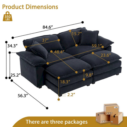 Canapé 2 places avec 2 coussins, 2 oreillers et 2 poufs, canapé confortable - Canapé profond pour salon, canapé modulable