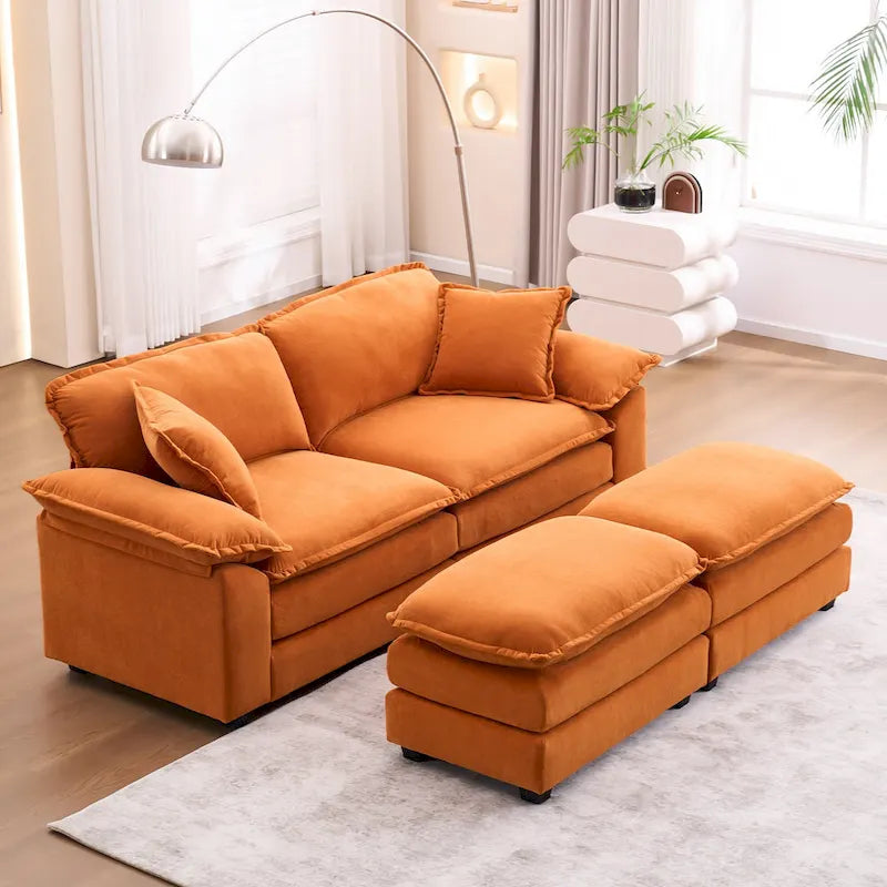 Canapé 2 places avec 2 coussins, 2 oreillers et 2 poufs, canapé confortable - Canapé profond pour salon, canapé modulable