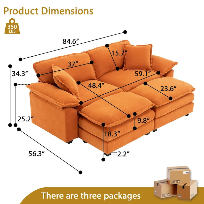 Canapé 2 places avec 2 coussins, 2 oreillers et 2 poufs, canapé confortable - Canapé profond pour salon, canapé modulable