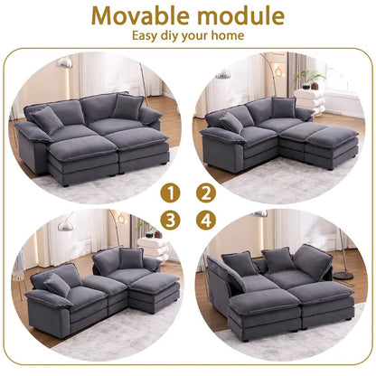 Canapé 2 places avec 2 coussins, 2 oreillers et 2 poufs, canapé confortable - Canapé profond pour salon, canapé modulable