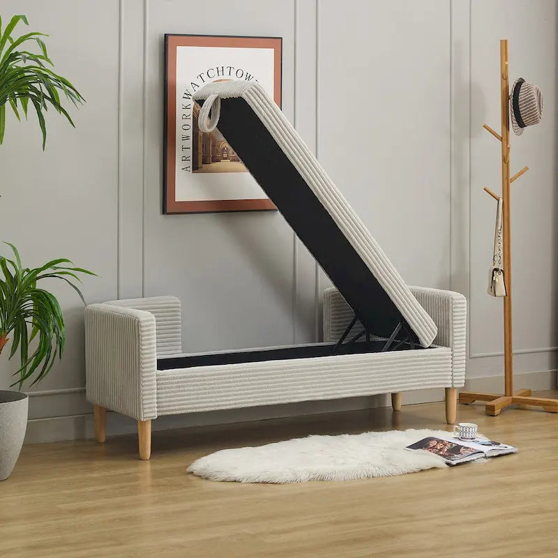 Banc de rangement en velours côtelé 65,35 avec accoudoirs, dossier et deux coussins