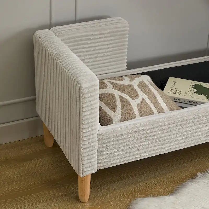 Banc de rangement en velours côtelé 65,35 avec accoudoirs, dossier et deux coussins