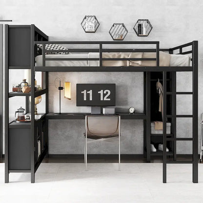 Lit mezzanine métallique tout-en-un avec bureau en L et armoire, cadre de lit pour chambre avec cubes de rangement, étagères et barrières de sécurité sur toute la longueur