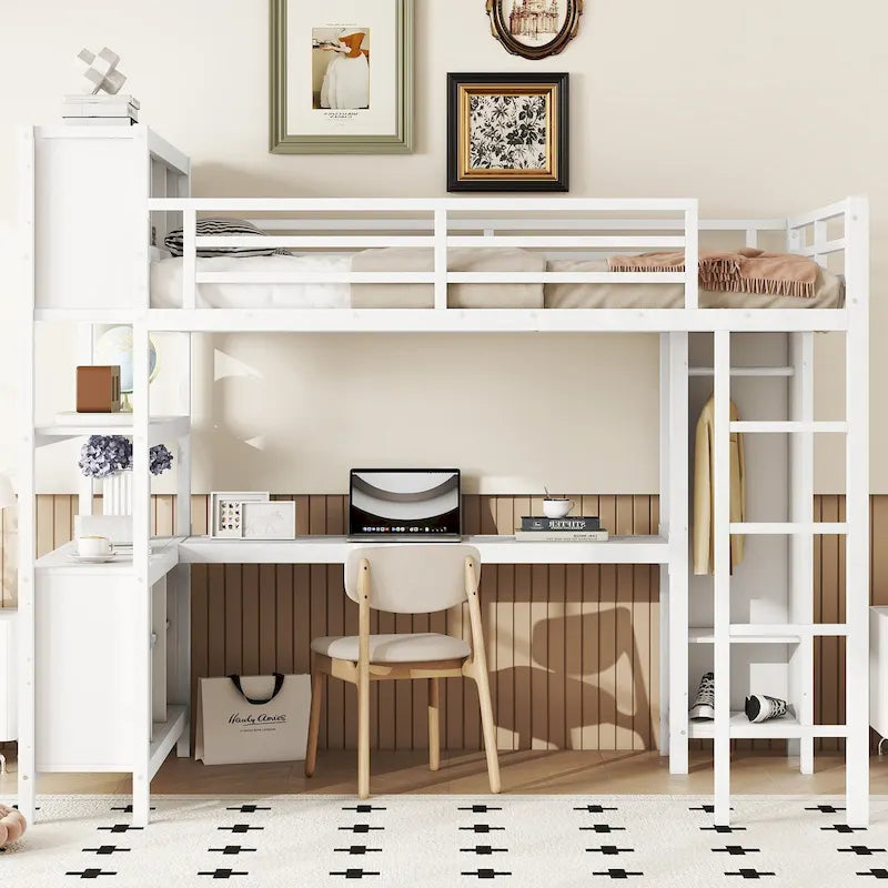 Lit mezzanine métallique tout-en-un avec bureau en L et armoire, cadre de lit pour chambre avec cubes de rangement, étagères et barrières de sécurité sur toute la longueur