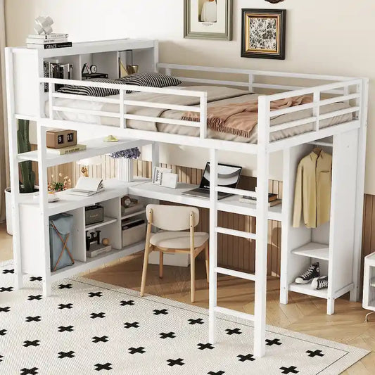Lit mezzanine métallique tout-en-un avec bureau en L et armoire, cadre de lit pour chambre avec cubes de rangement, étagères et barrières de sécurité sur toute la longueur