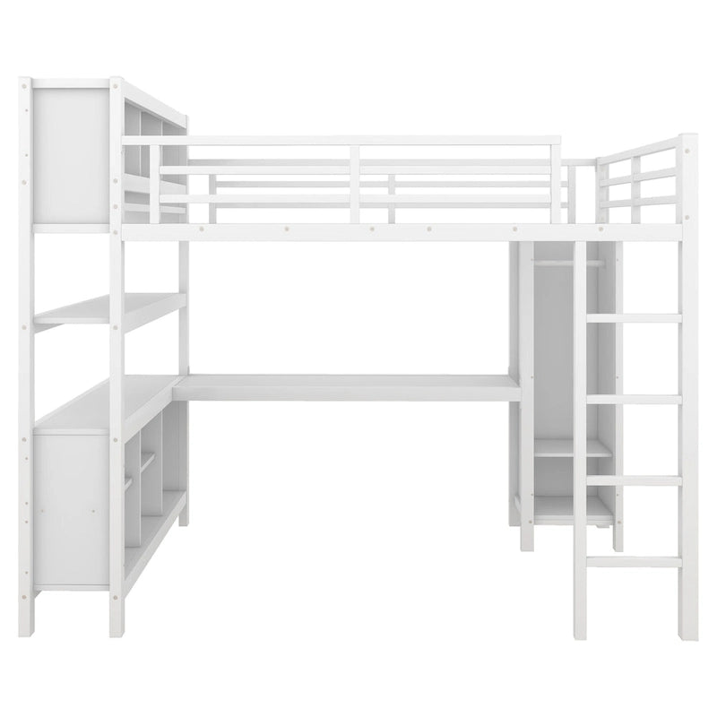 Lit mezzanine métallique tout-en-un avec bureau en L et armoire, cadre de lit pour chambre avec cubes de rangement, étagères et barrières de sécurité sur toute la longueur