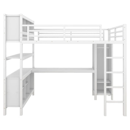 Lit mezzanine métallique tout-en-un avec bureau en L et armoire, cadre de lit pour chambre avec cubes de rangement, étagères et barrières de sécurité sur toute la longueur