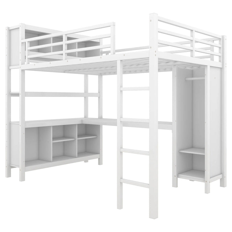 Lit mezzanine métallique tout-en-un avec bureau en L et armoire, cadre de lit pour chambre avec cubes de rangement, étagères et barrières de sécurité sur toute la longueur