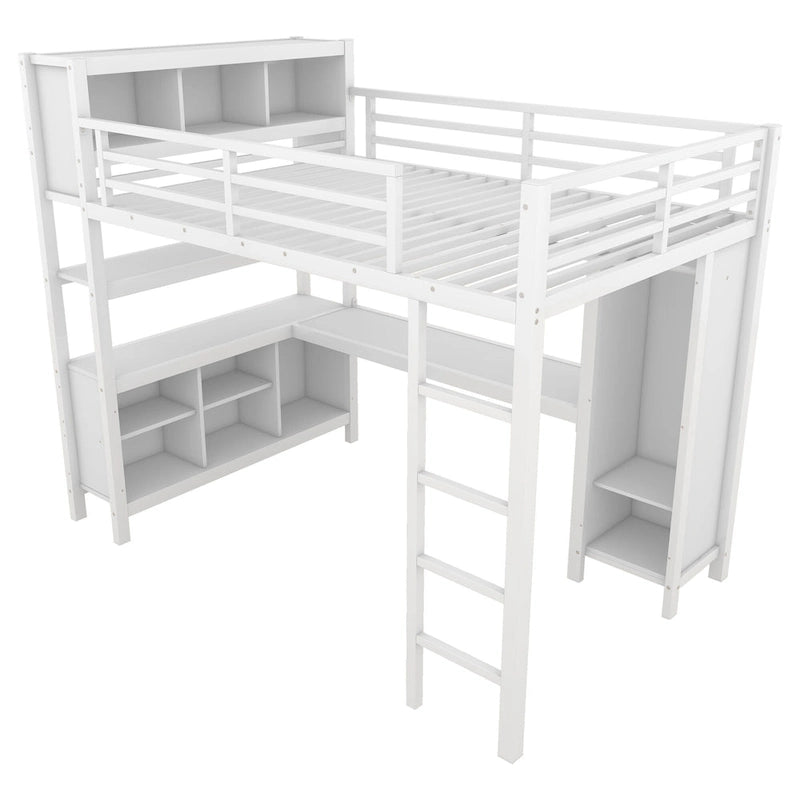 Lit mezzanine métallique tout-en-un avec bureau en L et armoire, cadre de lit pour chambre avec cubes de rangement, étagères et barrières de sécurité sur toute la longueur