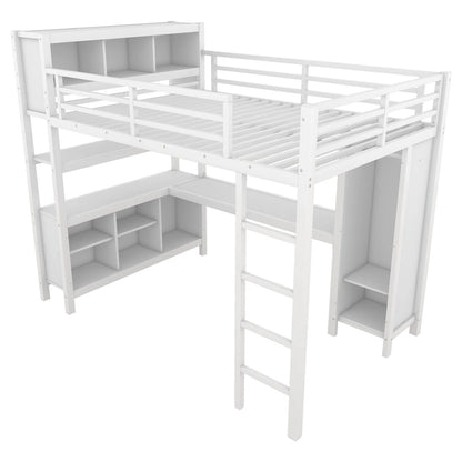 Lit mezzanine métallique tout-en-un avec bureau en L et armoire, cadre de lit pour chambre avec cubes de rangement, étagères et barrières de sécurité sur toute la longueur
