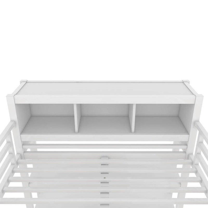Lit mezzanine métallique tout-en-un avec bureau en L et armoire, cadre de lit pour chambre avec cubes de rangement, étagères et barrières de sécurité sur toute la longueur