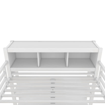 Lit mezzanine métallique tout-en-un avec bureau en L et armoire, cadre de lit pour chambre avec cubes de rangement, étagères et barrières de sécurité sur toute la longueur