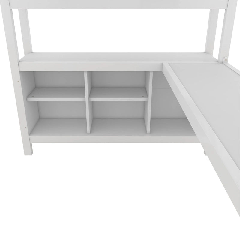 Lit mezzanine métallique tout-en-un avec bureau en L et armoire, cadre de lit pour chambre avec cubes de rangement, étagères et barrières de sécurité sur toute la longueur
