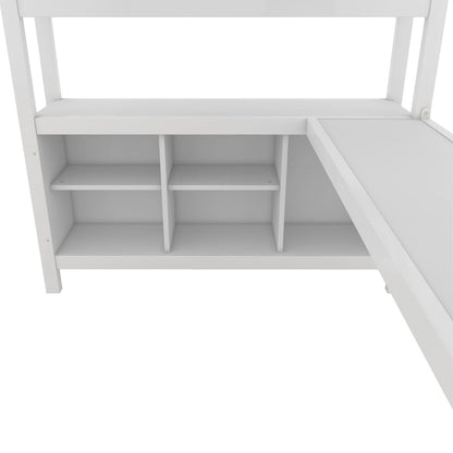 Lit mezzanine métallique tout-en-un avec bureau en L et armoire, cadre de lit pour chambre avec cubes de rangement, étagères et barrières de sécurité sur toute la longueur