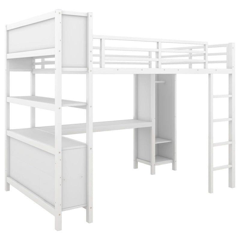 Lit mezzanine métallique tout-en-un avec bureau en L et armoire, cadre de lit pour chambre avec cubes de rangement, étagères et barrières de sécurité sur toute la longueur