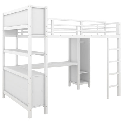 Lit mezzanine métallique tout-en-un avec bureau en L et armoire, cadre de lit pour chambre avec cubes de rangement, étagères et barrières de sécurité sur toute la longueur