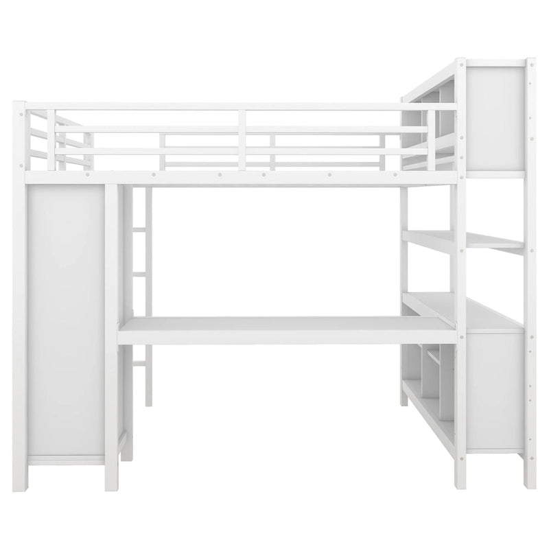 Lit mezzanine métallique tout-en-un avec bureau en L et armoire, cadre de lit pour chambre avec cubes de rangement, étagères et barrières de sécurité sur toute la longueur