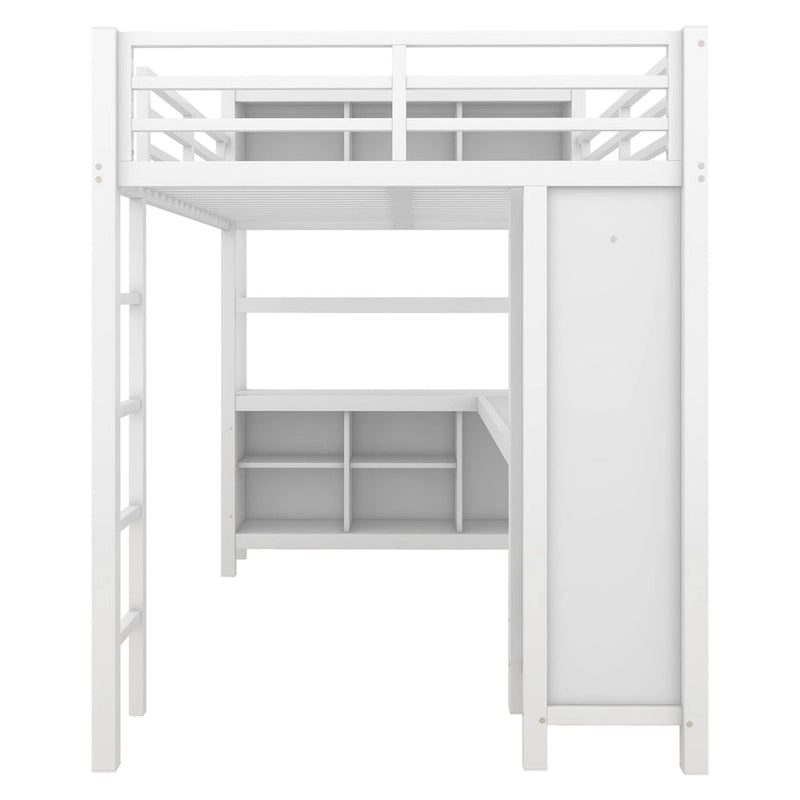 Lit mezzanine métallique tout-en-un avec bureau en L et armoire, cadre de lit pour chambre avec cubes de rangement, étagères et barrières de sécurité sur toute la longueur