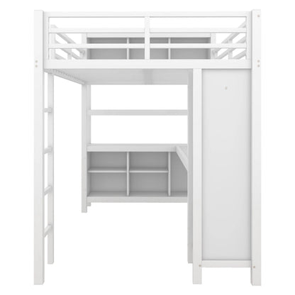 Lit mezzanine métallique tout-en-un avec bureau en L et armoire, cadre de lit pour chambre avec cubes de rangement, étagères et barrières de sécurité sur toute la longueur