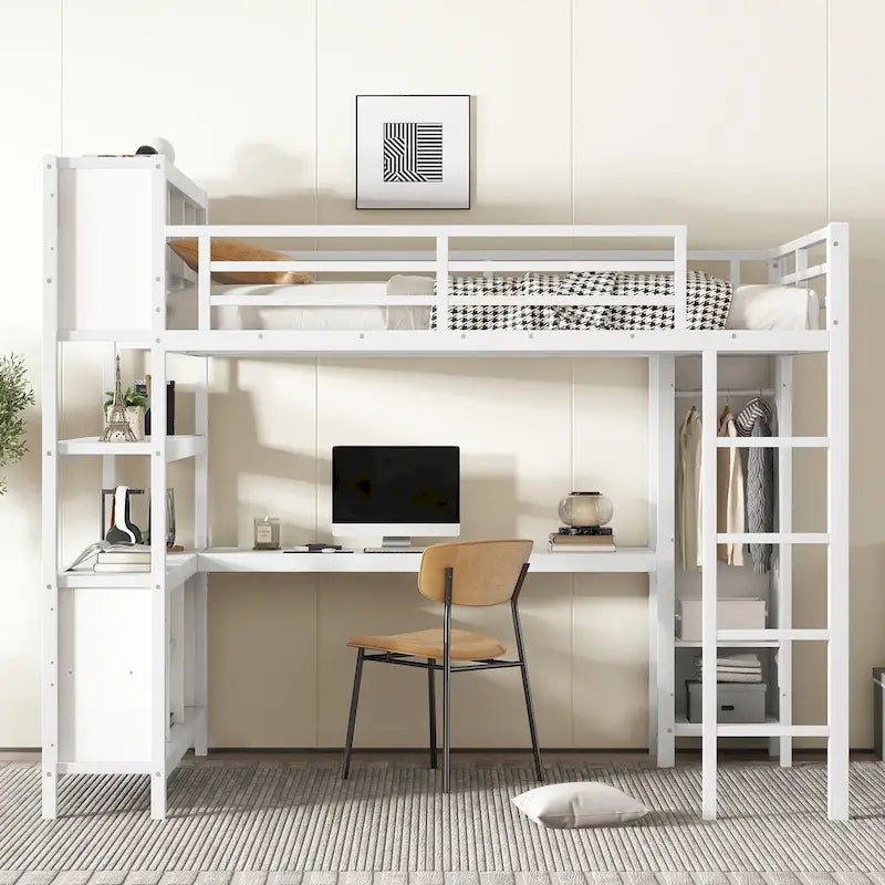 Lit mezzanine métallique tout-en-un avec bureau en L et armoire, cadre de lit pour chambre avec cubes de rangement, étagères et barrières de sécurité sur toute la longueur