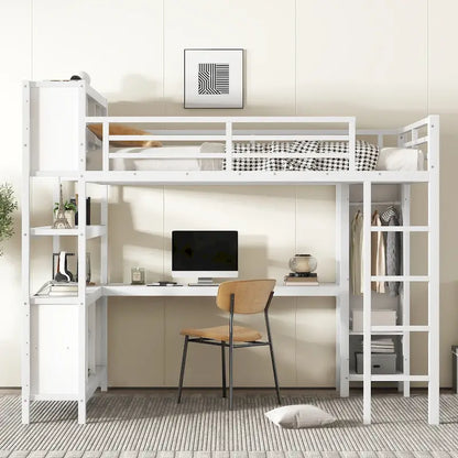 Lit mezzanine métallique tout-en-un avec bureau en L et armoire, cadre de lit pour chambre avec cubes de rangement, étagères et barrières de sécurité sur toute la longueur
