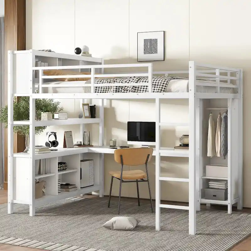Lit mezzanine métallique tout-en-un avec bureau en L et armoire, cadre de lit pour chambre avec cubes de rangement, étagères et barrières de sécurité sur toute la longueur