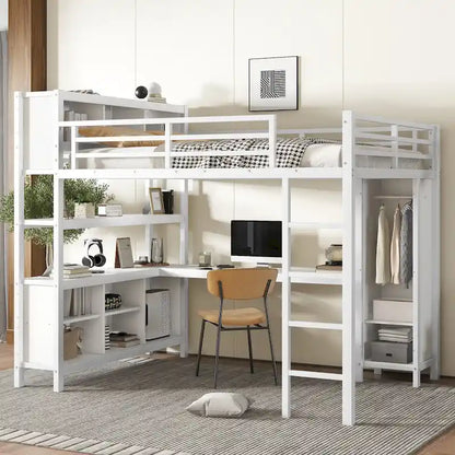 Lit mezzanine métallique tout-en-un avec bureau en L et armoire, cadre de lit pour chambre avec cubes de rangement, étagères et barrières de sécurité sur toute la longueur