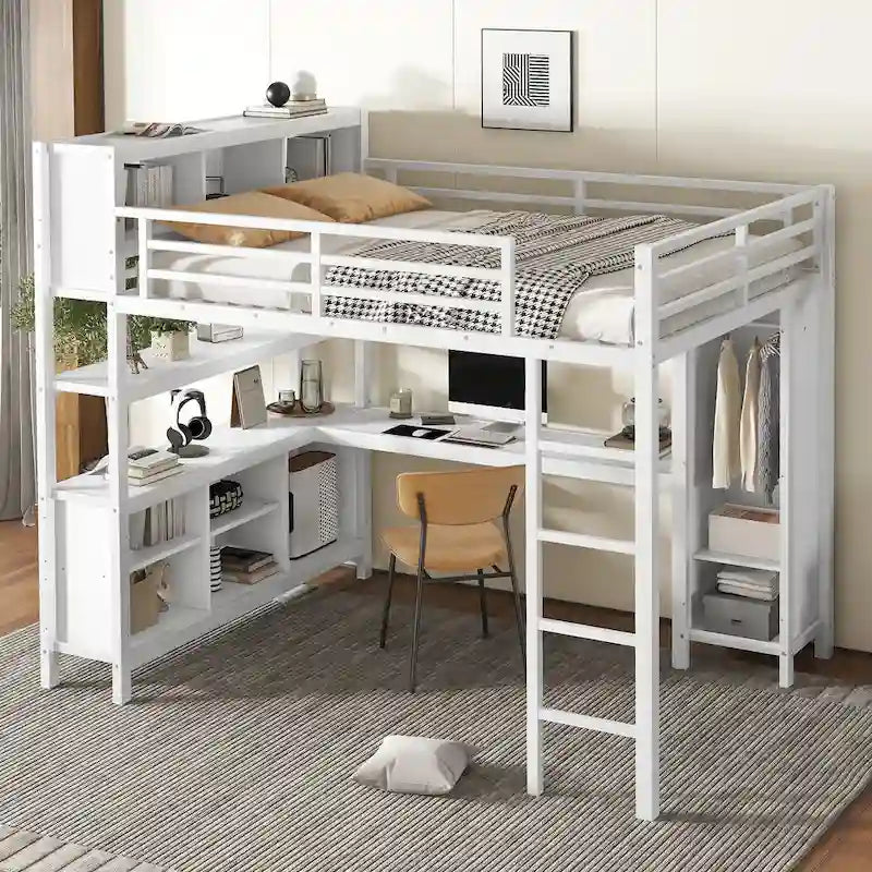 Lit mezzanine métallique tout-en-un avec bureau en L et armoire, cadre de lit pour chambre avec cubes de rangement, étagères et barrières de sécurité sur toute la longueur