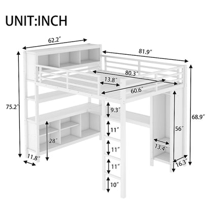 Lit mezzanine métallique tout-en-un avec bureau en L et armoire, cadre de lit pour chambre avec cubes de rangement, étagères et barrières de sécurité sur toute la longueur