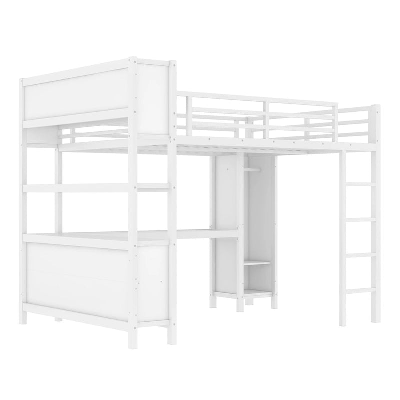 Lit mezzanine métallique tout-en-un avec bureau en L et armoire, cadre de lit pour chambre avec cubes de rangement, étagères et barrières de sécurité sur toute la longueur