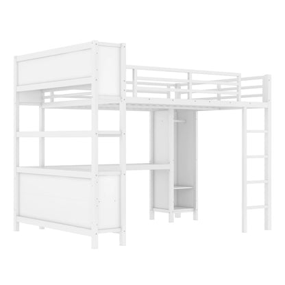 Lit mezzanine métallique tout-en-un avec bureau en L et armoire, cadre de lit pour chambre avec cubes de rangement, étagères et barrières de sécurité sur toute la longueur