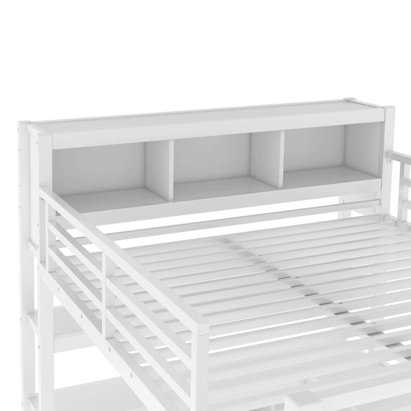 Lit mezzanine métallique tout-en-un avec bureau en L et armoire, cadre de lit pour chambre avec cubes de rangement, étagères et barrières de sécurité sur toute la longueur