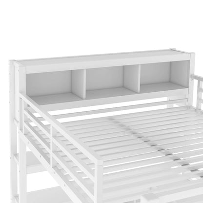 Lit mezzanine métallique tout-en-un avec bureau en L et armoire, cadre de lit pour chambre avec cubes de rangement, étagères et barrières de sécurité sur toute la longueur