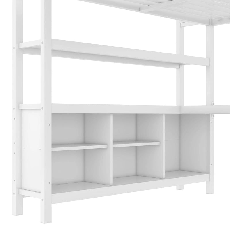 Lit mezzanine métallique tout-en-un avec bureau en L et armoire, cadre de lit pour chambre avec cubes de rangement, étagères et barrières de sécurité sur toute la longueur