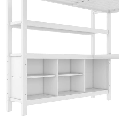 Lit mezzanine métallique tout-en-un avec bureau en L et armoire, cadre de lit pour chambre avec cubes de rangement, étagères et barrières de sécurité sur toute la longueur