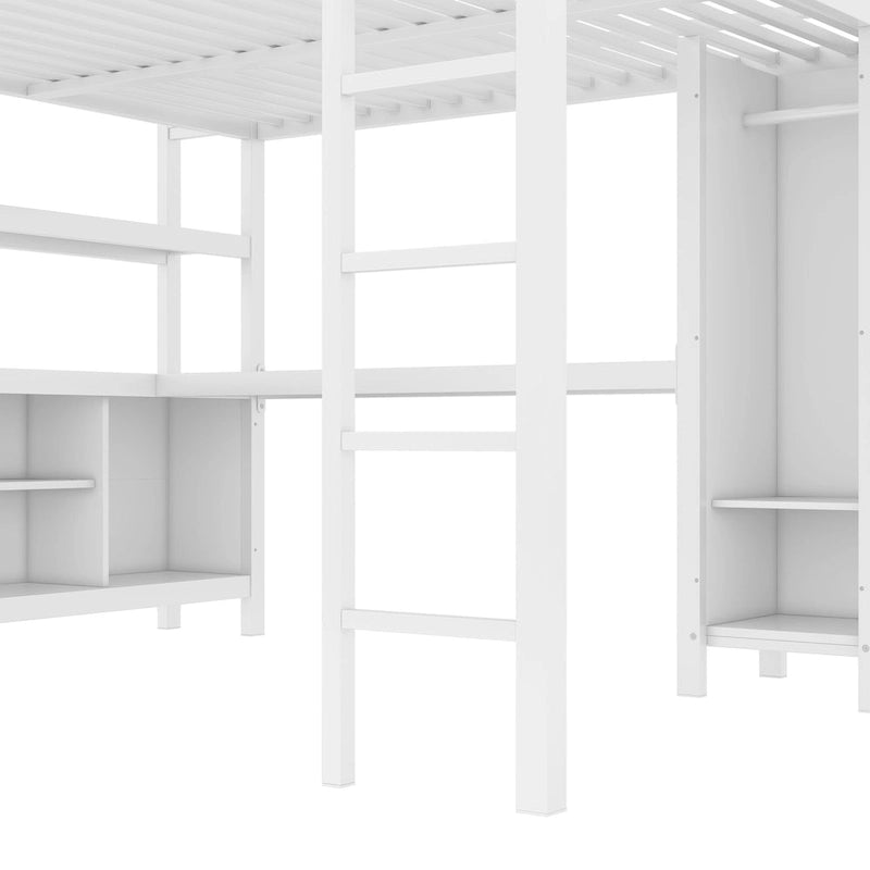 Lit mezzanine métallique tout-en-un avec bureau en L et armoire, cadre de lit pour chambre avec cubes de rangement, étagères et barrières de sécurité sur toute la longueur