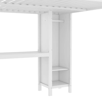 Lit mezzanine métallique tout-en-un avec bureau en L et armoire, cadre de lit pour chambre avec cubes de rangement, étagères et barrières de sécurité sur toute la longueur