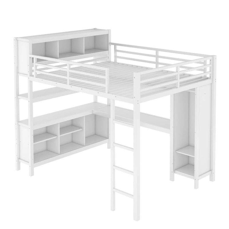 Lit mezzanine métallique tout-en-un avec bureau en L et armoire, cadre de lit pour chambre avec cubes de rangement, étagères et barrières de sécurité sur toute la longueur