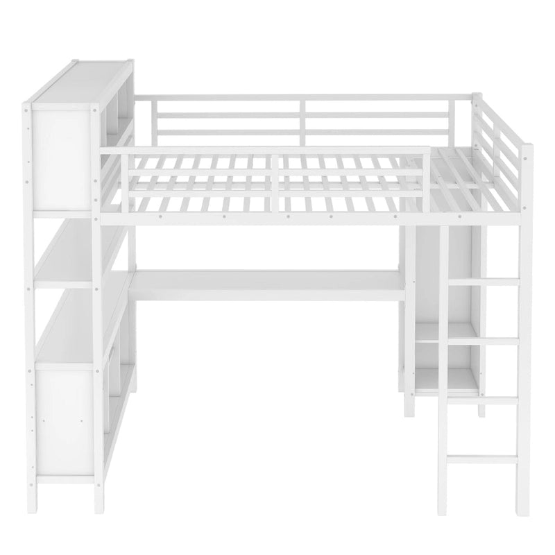 Lit mezzanine métallique tout-en-un avec bureau en L et armoire, cadre de lit pour chambre avec cubes de rangement, étagères et barrières de sécurité sur toute la longueur