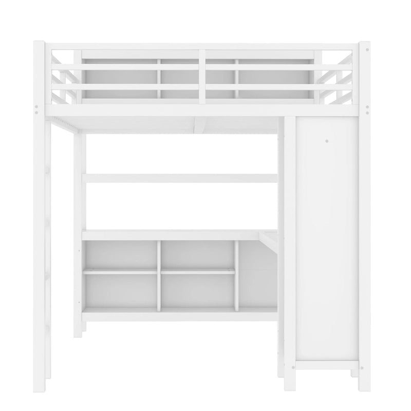 Lit mezzanine métallique tout-en-un avec bureau en L et armoire, cadre de lit pour chambre avec cubes de rangement, étagères et barrières de sécurité sur toute la longueur