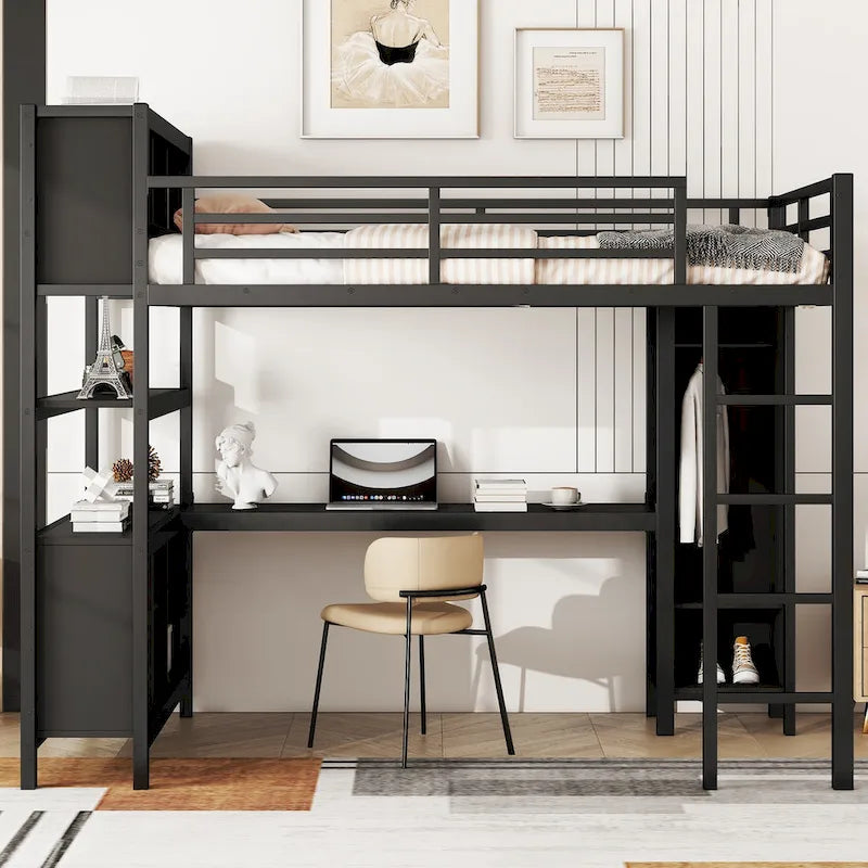 Lit mezzanine métallique tout-en-un avec bureau en L et armoire, cadre de lit pour chambre avec cubes de rangement, étagères et barrières de sécurité sur toute la longueur
