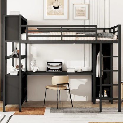 Lit mezzanine métallique tout-en-un avec bureau en L et armoire, cadre de lit pour chambre avec cubes de rangement, étagères et barrières de sécurité sur toute la longueur