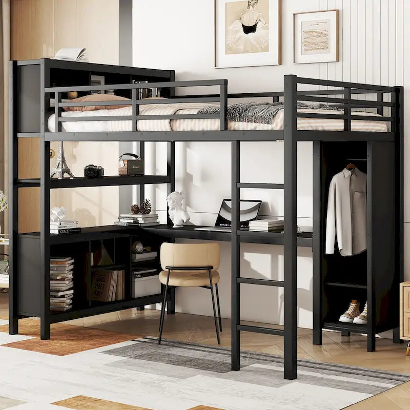 Lit mezzanine métallique tout-en-un avec bureau en L et armoire, cadre de lit pour chambre avec cubes de rangement, étagères et barrières de sécurité sur toute la longueur