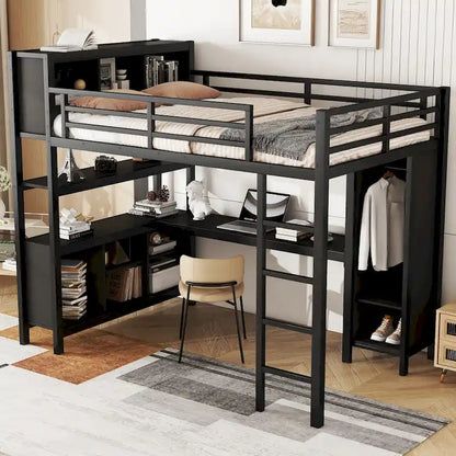 Lit mezzanine métallique tout-en-un avec bureau en L et armoire, cadre de lit pour chambre avec cubes de rangement, étagères et barrières de sécurité sur toute la longueur